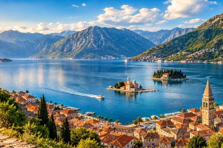 Panoramic view of Boka Bay, Montenegro, with Kotor Old Town, historic islands and dramatic mountains