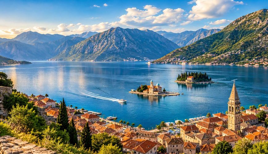 Panoramic view of Boka Bay, Montenegro, with Kotor Old Town, historic islands and dramatic mountains