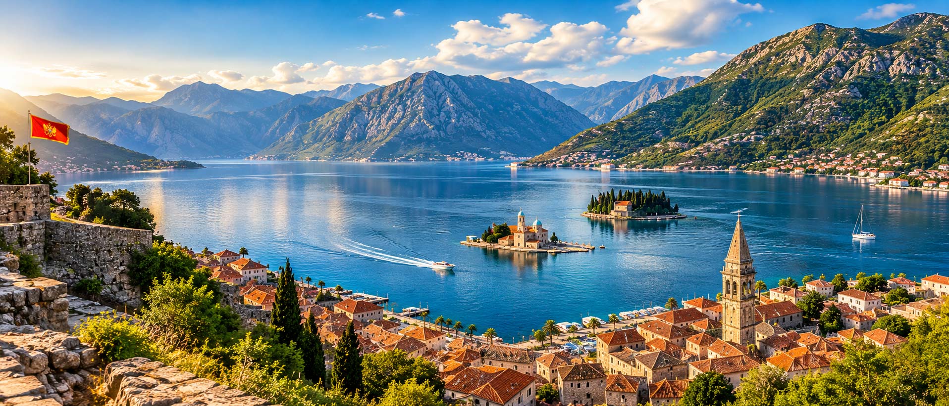 Panoramic view of Boka Bay, Montenegro, with Kotor Old Town, historic islands and dramatic mountains