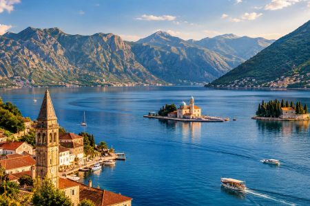 Historic Perast and Our Lady of the Rocks island in the Bay of Kotor, Montenegro