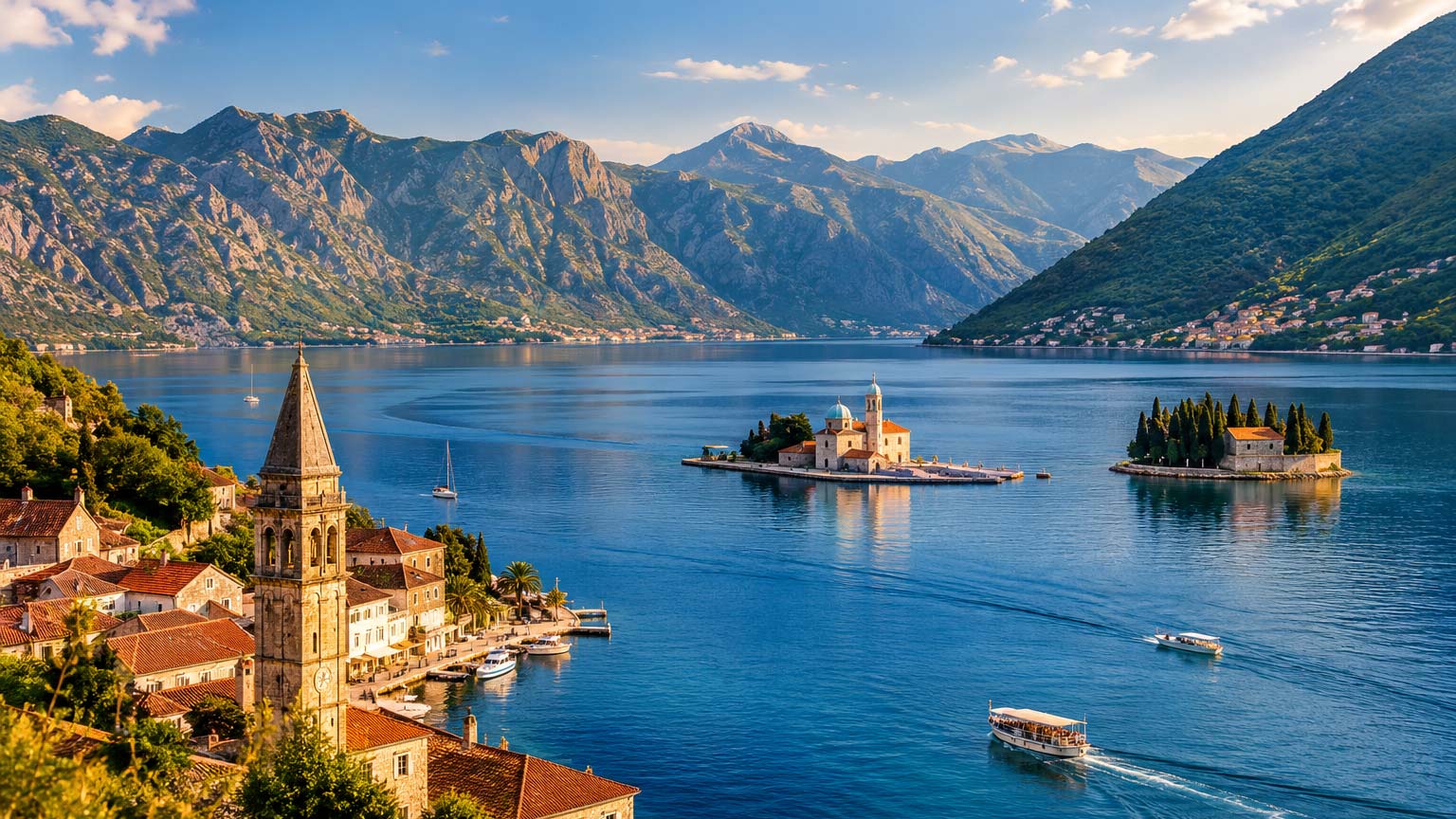 Historic Perast and Our Lady of the Rocks island in the Bay of Kotor, Montenegro